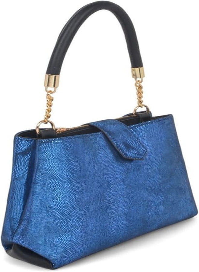 JAV Metallic Blue Textured Handbag for Women | Faux Leather Structured Satchel with Gold Chain Top Handle & Detachable Sling Strap - Image 4