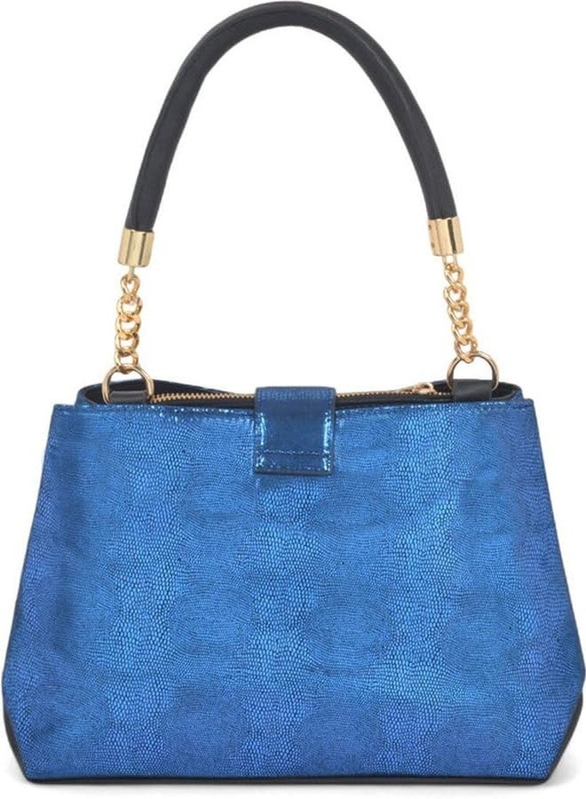 JAV Metallic Blue Textured Handbag for Women | Faux Leather Structured Satchel with Gold Chain Top Handle & Detachable Sling Strap - Image 3