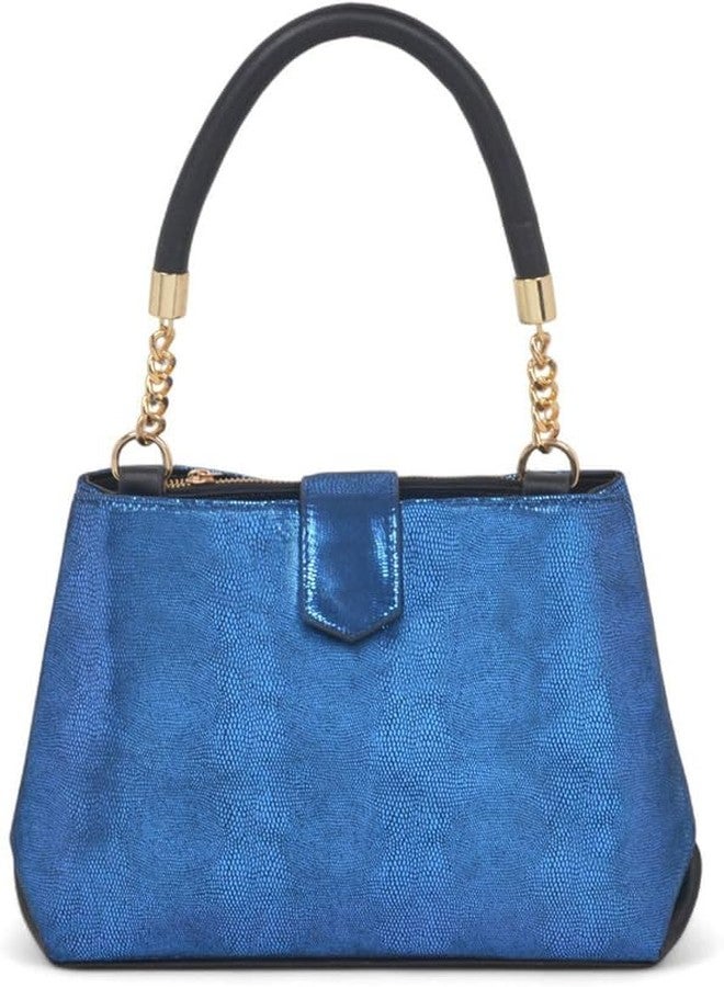 JAV Metallic Blue Textured Handbag for Women | Faux Leather Structured Satchel with Gold Chain Top Handle & Detachable Sling Strap - Image 2