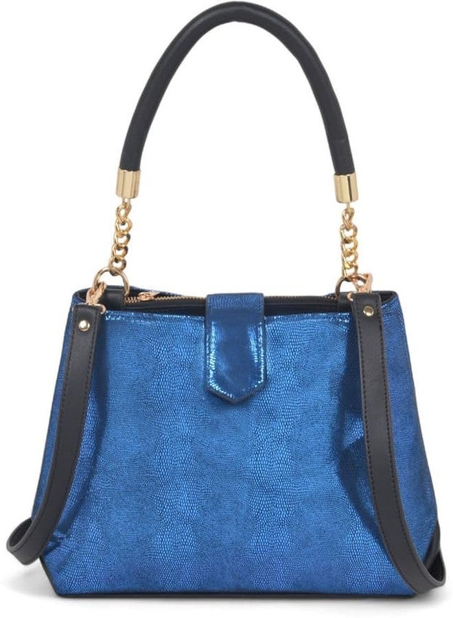 JAV Metallic Blue Textured Handbag for Women | Faux Leather Structured Satchel with Gold Chain Top Handle & Detachable Sling Strap - Image 1