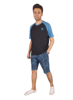 Men Summer Pajama Set Printed Top & Plain Short -Black*Blue
