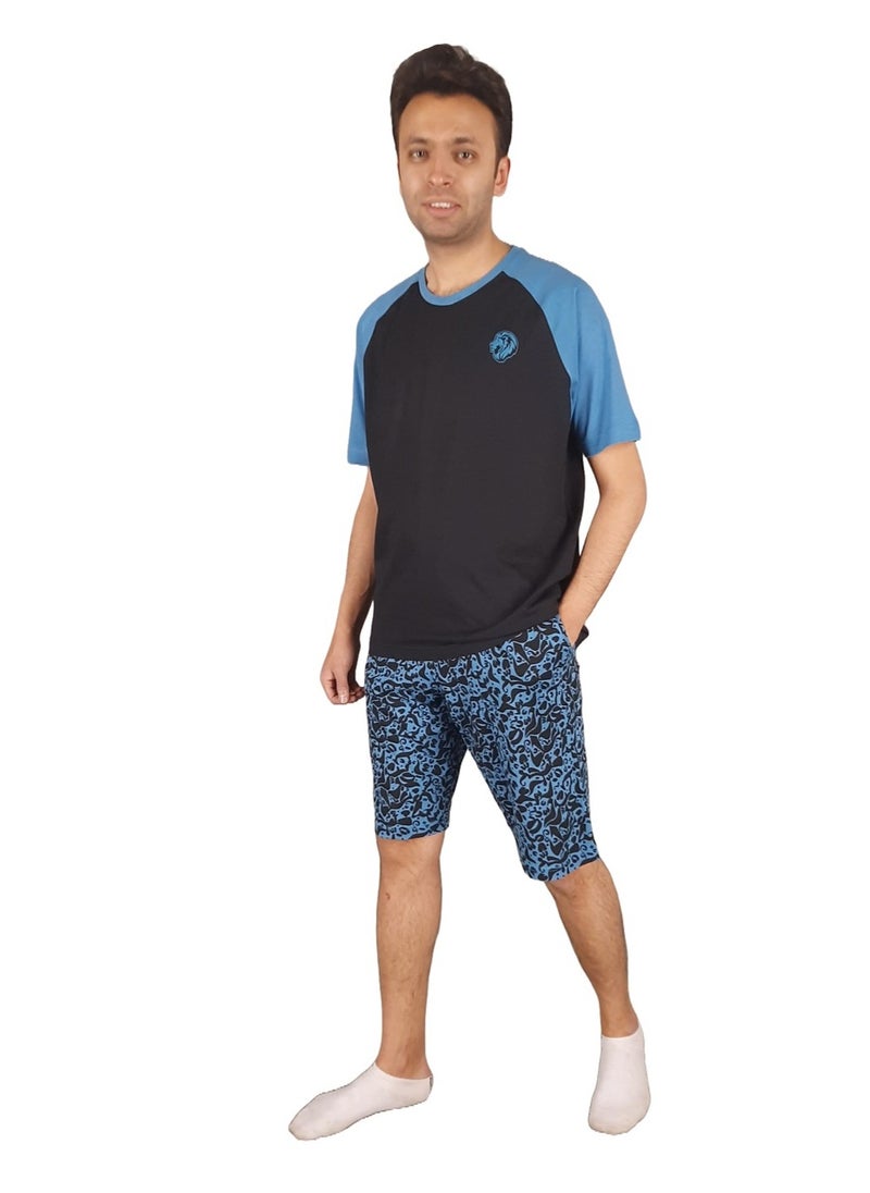 Jet - Men Summer Pajama Set Printed Top & Plain Short -Black*Blue - Image 1