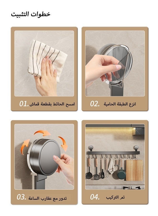 حامل أدوات المطبخ ذو 8 خطافات، قابل للإزالة بدون حفر، مزود بكأس شفط، ومنظم متعدد الوظائف مثبت على الحائط لأدوات المطبخ والأواني (40 سم، رمادي) - Image 5