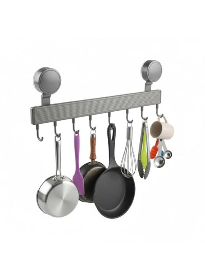حامل أدوات المطبخ ذو 8 خطافات، قابل للإزالة بدون حفر، مزود بكأس شفط، ومنظم متعدد الوظائف مثبت على الحائط لأدوات المطبخ والأواني (40 سم، رمادي) - Image 1