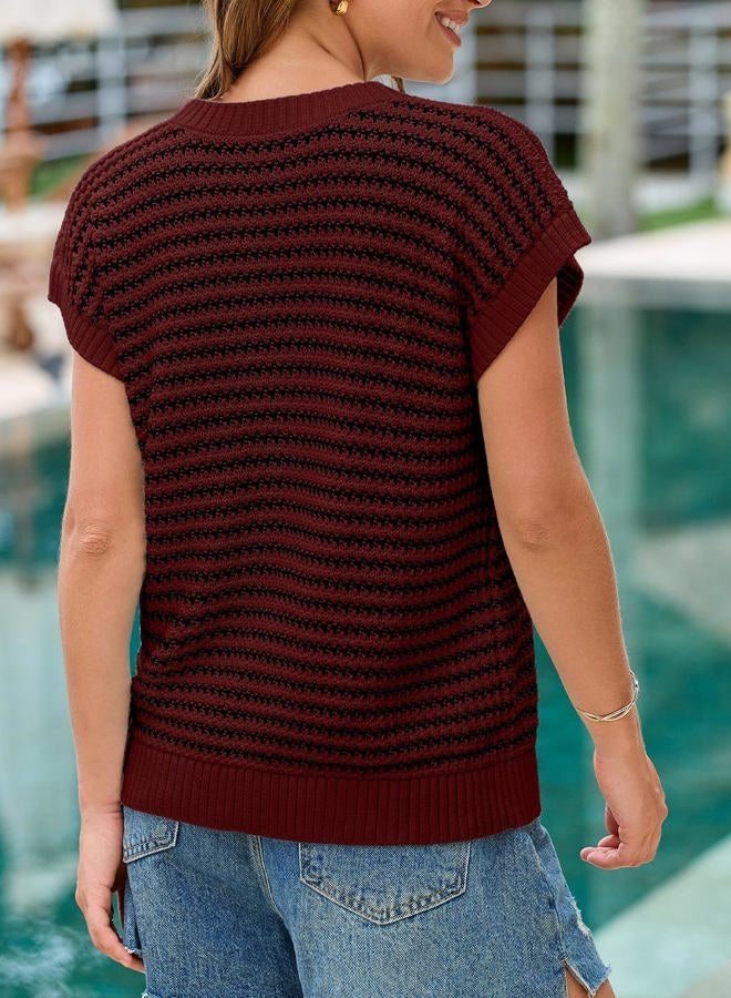 EVALESS Women's Sweater Vest Striped Pullover Tank Top Round Neck Cap Sleeve Lightweight 2025 Summer Casual Clothes, Burgundy Stripe, S - Image 3