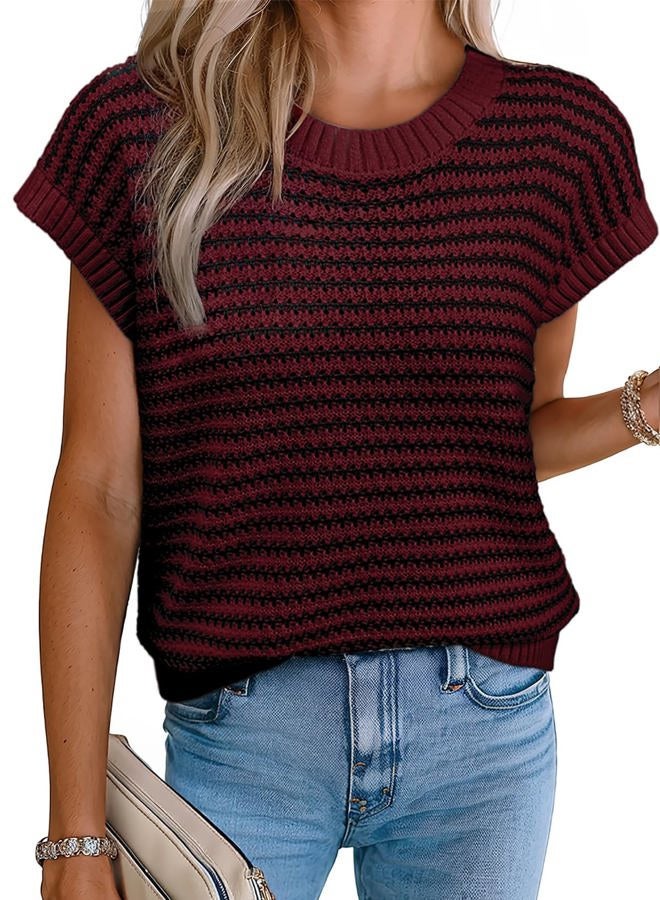 EVALESS Women's Sweater Vest Striped Pullover Tank Top Round Neck Cap Sleeve Lightweight 2025 Summer Casual Clothes, Burgundy Stripe, S - Image 1