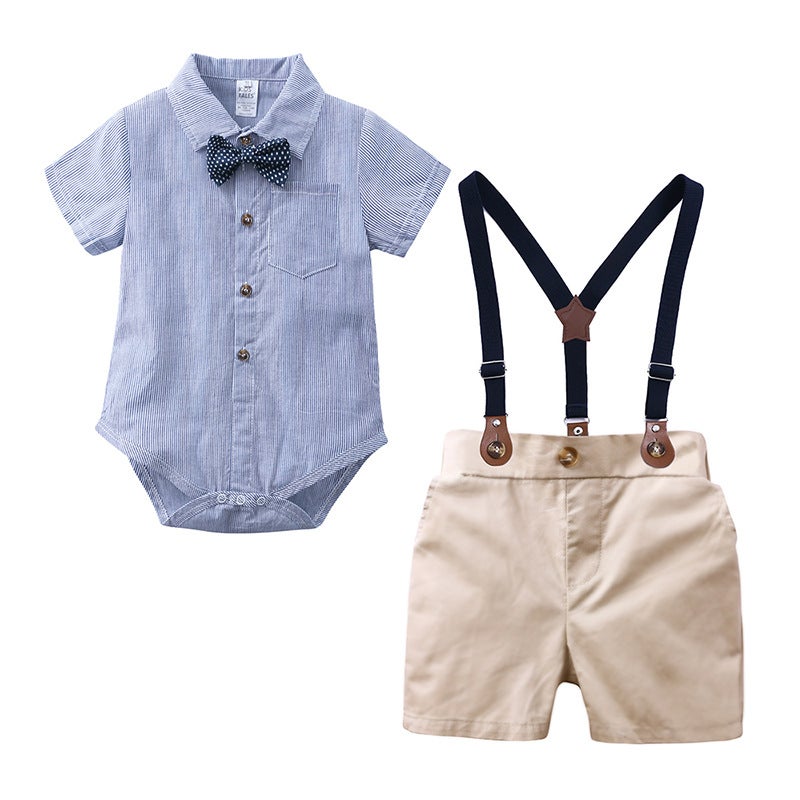 Boys White Romper Suspenders Bowtie Set XTZ8338B Blue