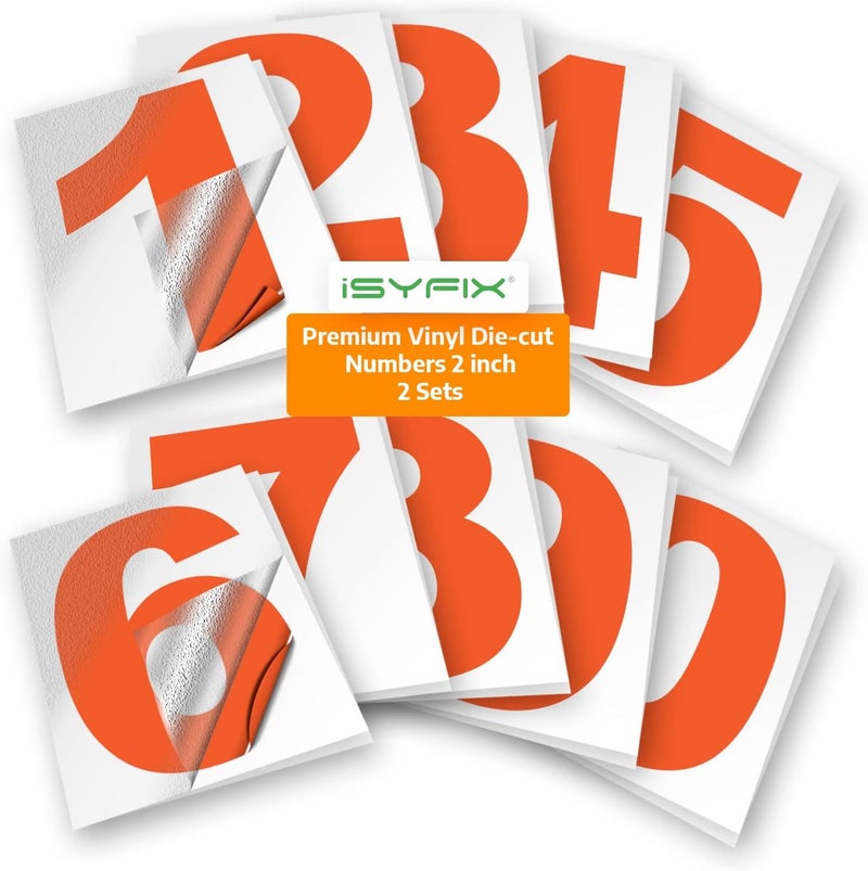 iSYFIX Orange Vinyl Numbers Stickers – 2 Inch Self Adhesive (2 Sets)- Premium Decal Die Cut and Pre-Spaced for Mailbox, Signs, Window, Door, Cars, Trucks, Homes, Address Numbers, Indoor or Outdoor - Image 1