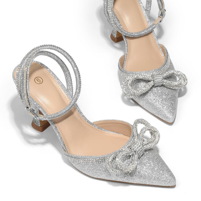 mysoft Women's Rhinestone Bow Pumps Wedding Dress Shoes Pointed Toe Ankle Strap Kitten Heels Silver - Image 3