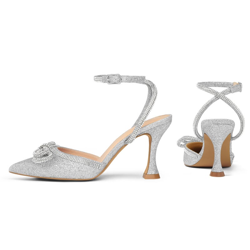 mysoft Women's Rhinestone Bow Pumps Wedding Dress Shoes Pointed Toe Ankle Strap Kitten Heels Silver - Image 4