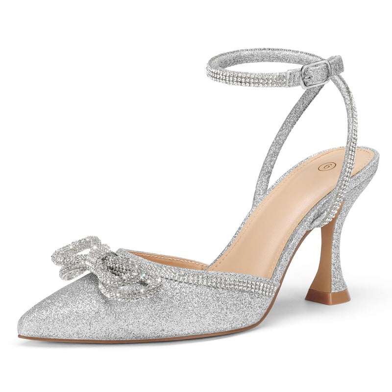 mysoft Women's Rhinestone Bow Pumps Wedding Dress Shoes Pointed Toe Ankle Strap Kitten Heels Silver - Image 1