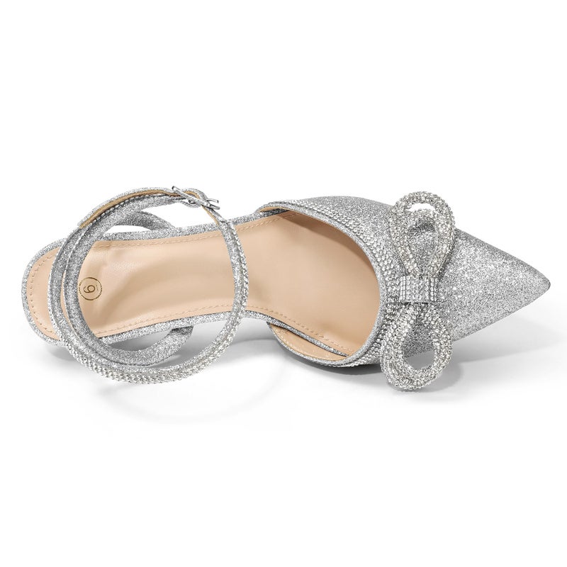 mysoft Women's Rhinestone Bow Pumps Wedding Dress Shoes Pointed Toe Ankle Strap Kitten Heels Silver - Image 5