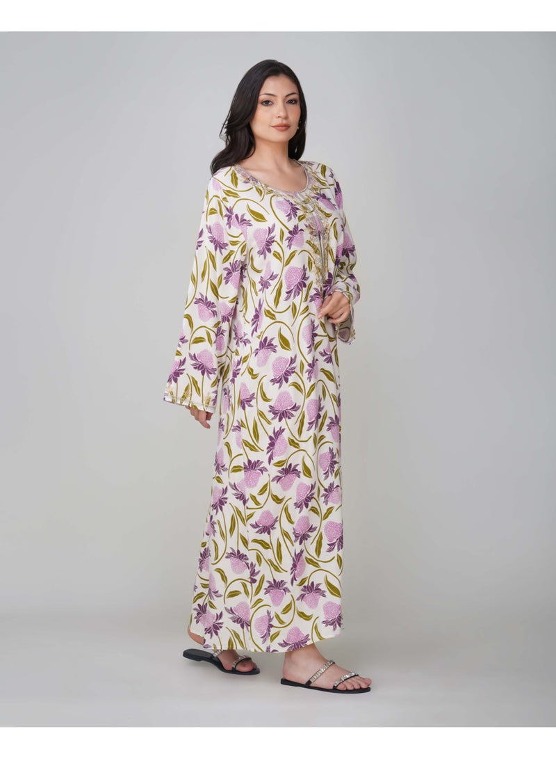 Linelle Ladies Floral Printed Jalabiya – White and Purple Full-Sleeve Rayon Dress with Embroidery Detailing on Neck - Image 4