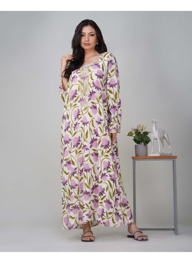 Linelle Ladies Floral Printed Jalabiya – White and Purple Full-Sleeve Rayon Dress with Embroidery Detailing on Neck - Image 1