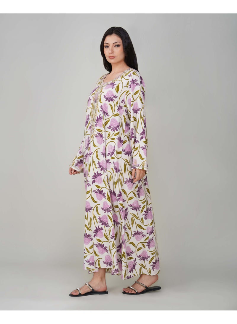 Linelle Ladies Floral Printed Jalabiya – White and Purple Full-Sleeve Rayon Dress with Embroidery Detailing on Neck - Image 3