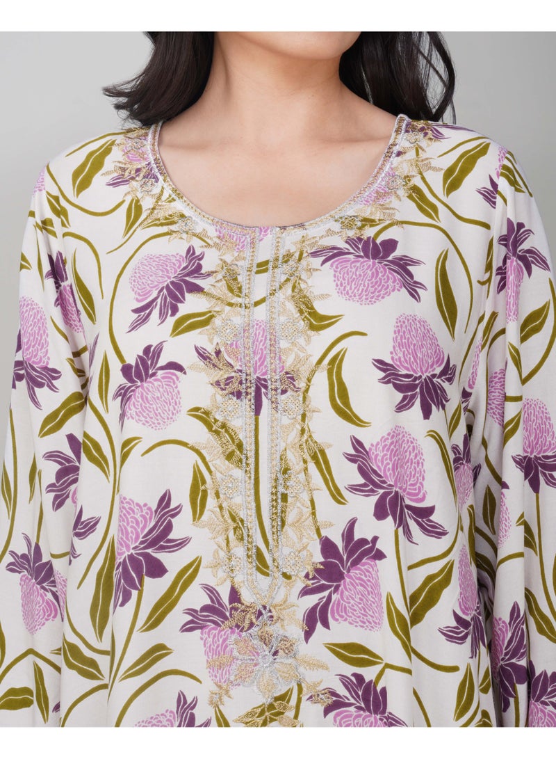 Linelle Ladies Floral Printed Jalabiya – White and Purple Full-Sleeve Rayon Dress with Embroidery Detailing on Neck - Image 5