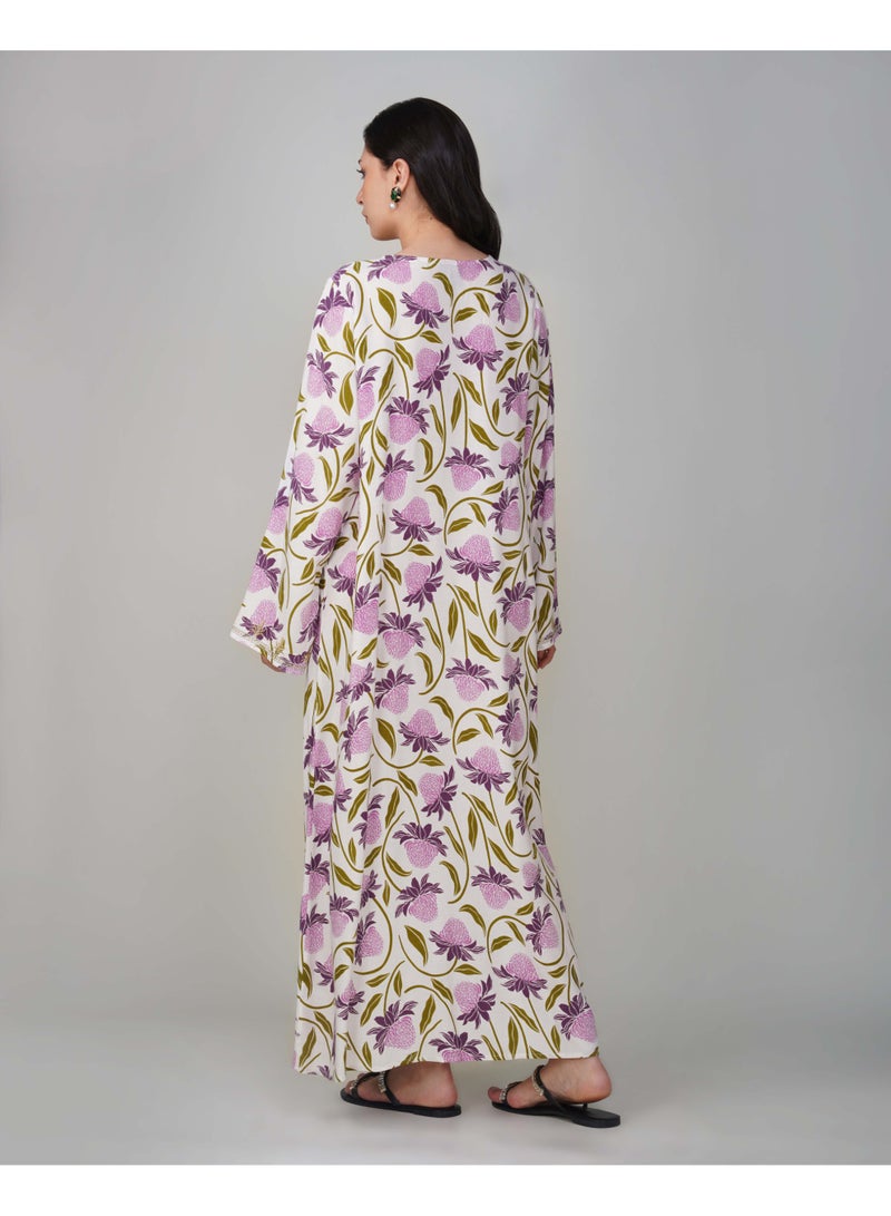 Linelle Ladies Floral Printed Jalabiya – White and Purple Full-Sleeve Rayon Dress with Embroidery Detailing on Neck - Image 2
