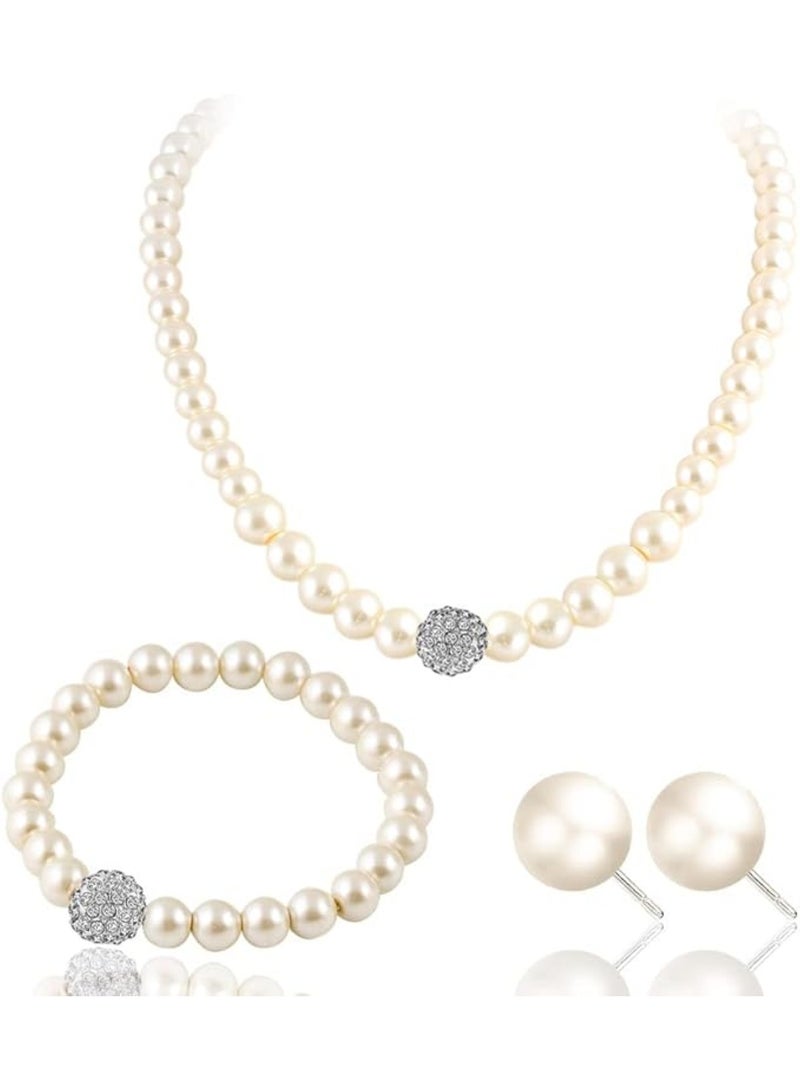Huitich Elegant Pearl Jewelry Set Necklace, Bracelet & Stud Earrings with Crystal Ball Accents  - Image 1