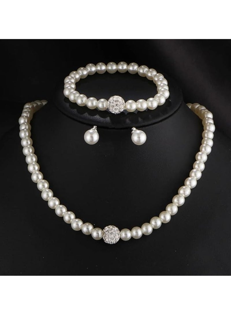 Huitich Elegant Pearl Jewelry Set Necklace, Bracelet & Stud Earrings with Crystal Ball Accents  - Image 3
