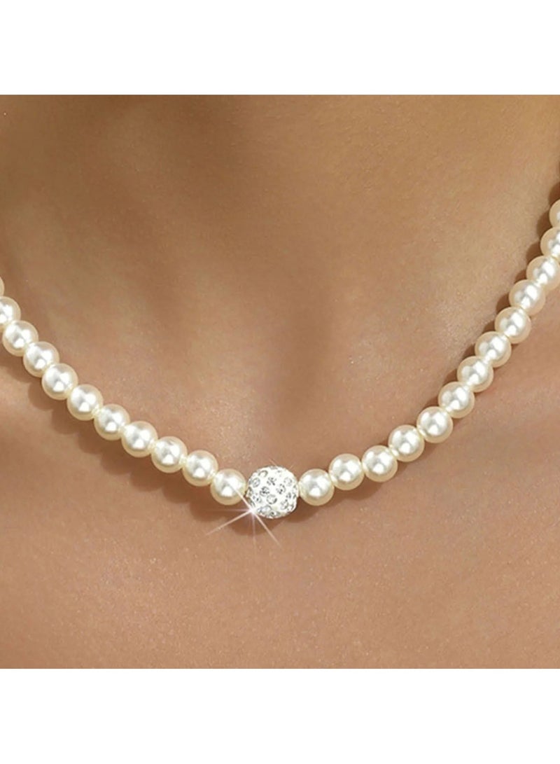 Huitich Elegant Pearl Jewelry Set Necklace, Bracelet & Stud Earrings with Crystal Ball Accents  - Image 4