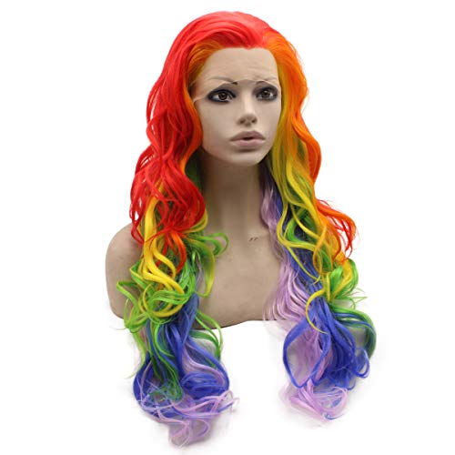 MX angel Long Colorful Rainbow Ombre Heat Friendly Fiber Lace front Cosplay Party Wig - Image 5