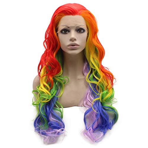 MX angel Long Colorful Rainbow Ombre Heat Friendly Fiber Lace front Cosplay Party Wig - Image 2