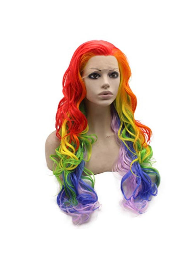 MX angel Long Colorful Rainbow Ombre Heat Friendly Fiber Lace front Cosplay Party Wig - Image 4