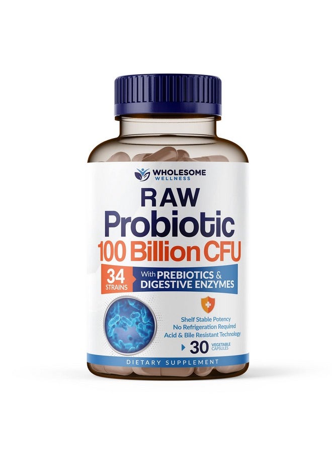 Wholesome Wellness Organic Raw Probiotics 100 Billion CFU, Dr Formulated for Women and Men, Complete Adult Supplement with Prebiotics and Digestive Enzymes; 30 Capsules, Shelf Stable  - Image 1