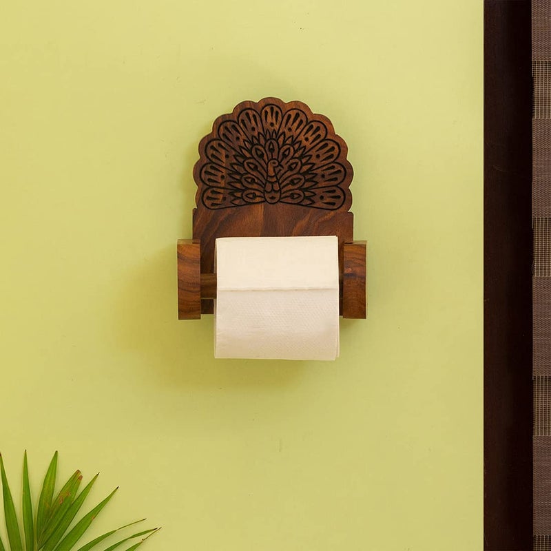 ExclusiveLane ExclusiveLane Dancing Peacock Hand Carved Toilet Roll Holder Tissue Holder Wall Mounted in Sheesham Wood Tissue Roll Stand for Bathroom Toilet Tissue Stand Tissue Holders Toilet Paper Roll Holder  - Image 1