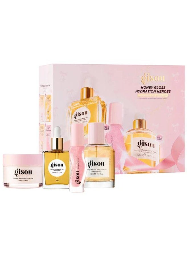 جيسو مجموعة "Honey Gloss Hydration Heroes" من Gisou المكونة من 4 قطع للعناية بالشعر والشفاه – مجموعة هدايا للترطيب ومنح الشعر لمعاناً فائقاً مع ملمع للشفاه. - Image 1