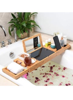 Bamboo Bathtub with Mirror Sliding Tray & Extending Sides with Smartphone Holder