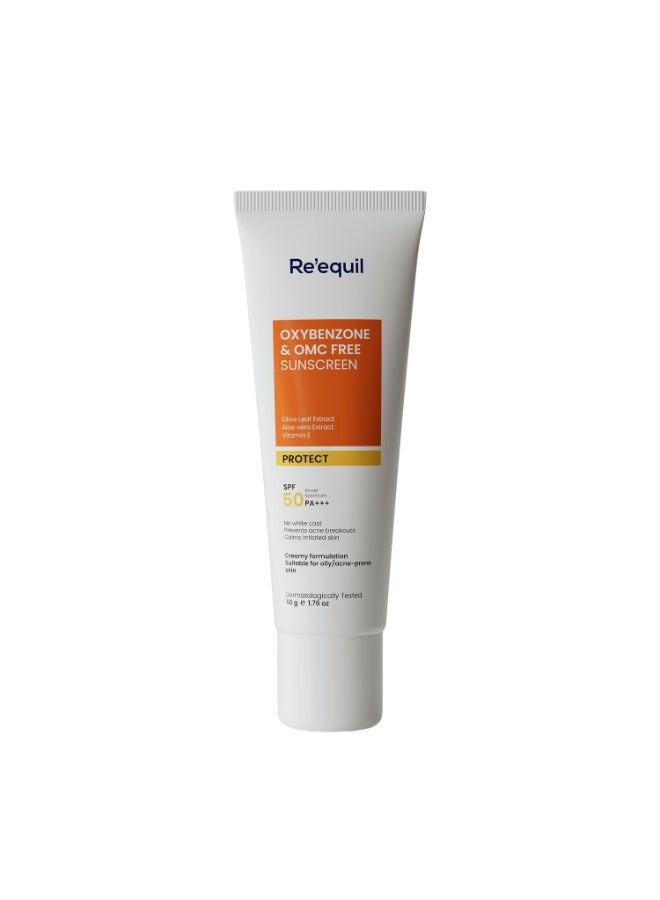 RE' EQUIL Oxybenzone and OMC Free Sunscreen For Oily & Acne Prone Skin | Prevents Acne Breakouts | No White Cast | SPF 50 PA+++ | 50g - Image 1