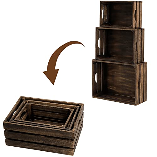 ZOOFOX Set of 3 Nesting Wooden Crates, Rustic Wood Basket with Handles, Decorative Farmhouse Wooden Storage Container Boxes for Party, Office, Bedroom, Kitchen and Closet - Image 4