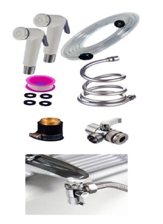 2 white bidet handles plus a 1.5m grey leather hose plus a 10m 6mm hose for home and simple uses plus a bridge adapter plus rubber plus Teflon