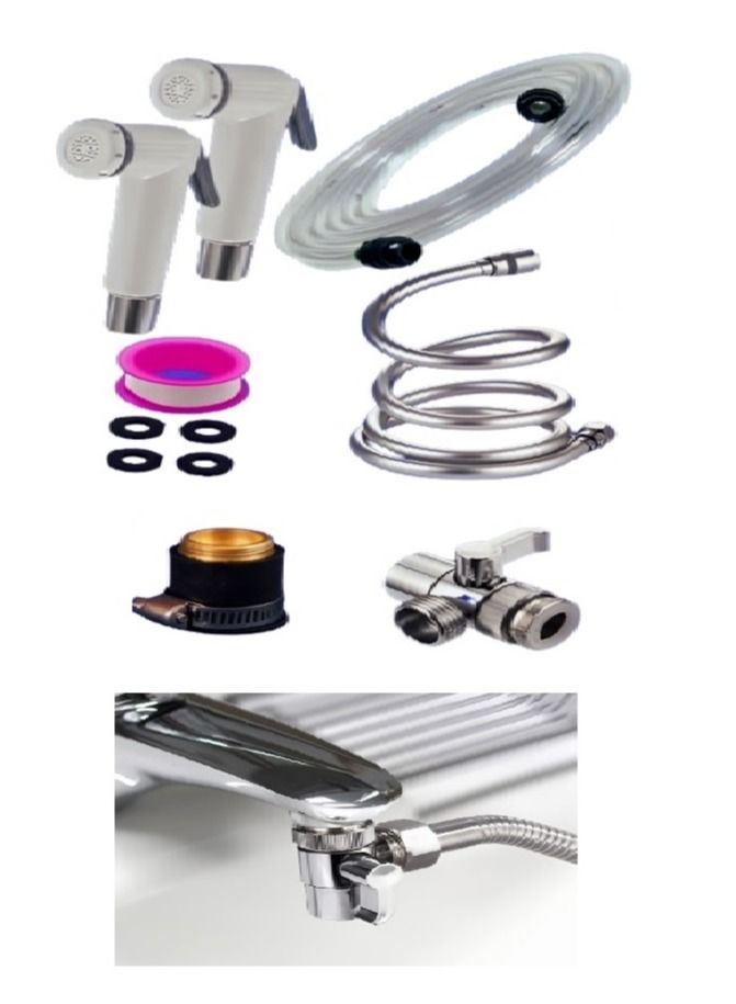 Shams Shower bidet, handheld sprayer, travel bidet set - easy to carry and transport (white) with an additional 10-meter hose, easy to install, code 501TR (up to 10 meters from the furthest point with a lar