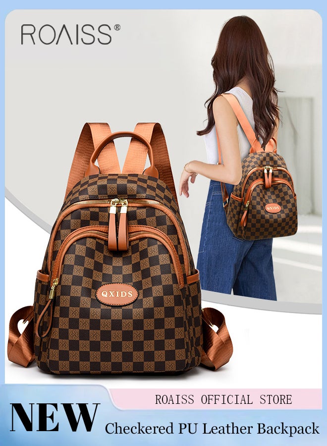 roaiss Women's Casual And Fashionable Plaid Pu Leather Backpack Adjustable Shoulder Strap With Multiple Pockets  Large Capacity Waterproof Backpack  - Image 1