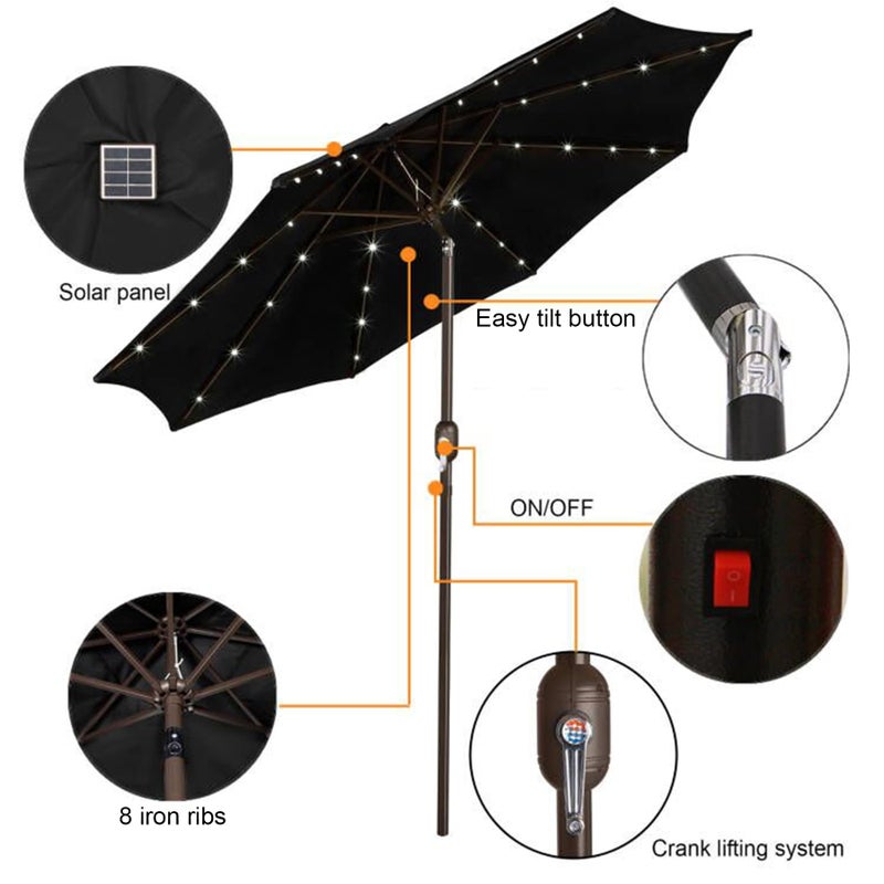 Blissun 9 ft Solar Umbrella, 32 LED Lighted Patio Umbrella, Table Market Umbrella, Outdoor Umbrella for Garden, Deck, Backyard, Pool and Beach (Black) - Image 2