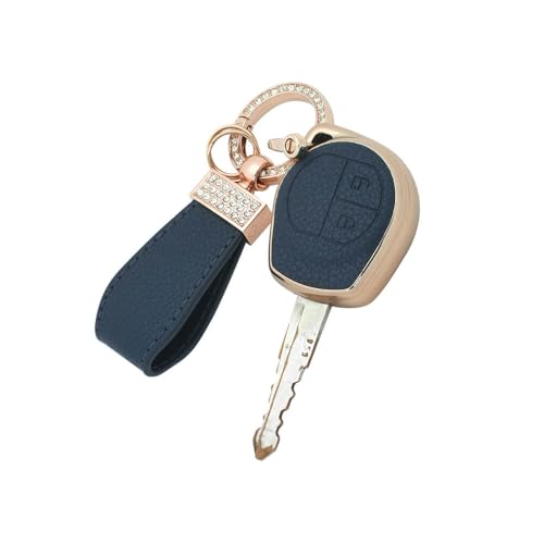 keyzone Litchi Leather Textured TPU Key Cover & Keychain compatible for Maruti Suzuki Cars 2 button remote key (Blue) - Image 1