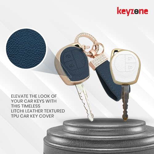 keyzone Litchi Leather Textured TPU Key Cover & Keychain compatible for Maruti Suzuki Cars 2 button remote key (Blue) - Image 4