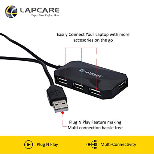 Lapcare USB 2.0 4-Port Hub, Ergonomic Design, Support Data Transfer Rate 1.5/12/480mb/s with 1meter Cable (Black) - Image 2