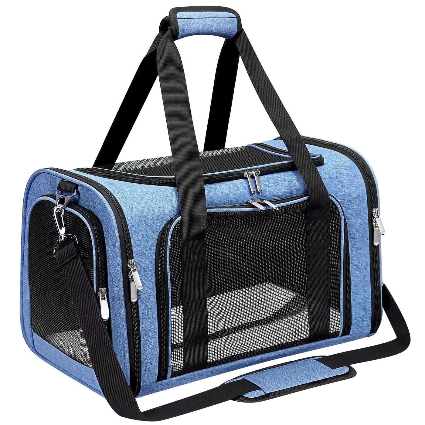 Soft-Sided Cat/Dog/Pet Carrier, Collapsible Pets Travel Carriers for Big Cats/Small Dogs with Shoulder Strap & Removable Mat, Mesh Puppy Carry Bag, Up to 16 Lbs, TSA Airline Approved(Blue)