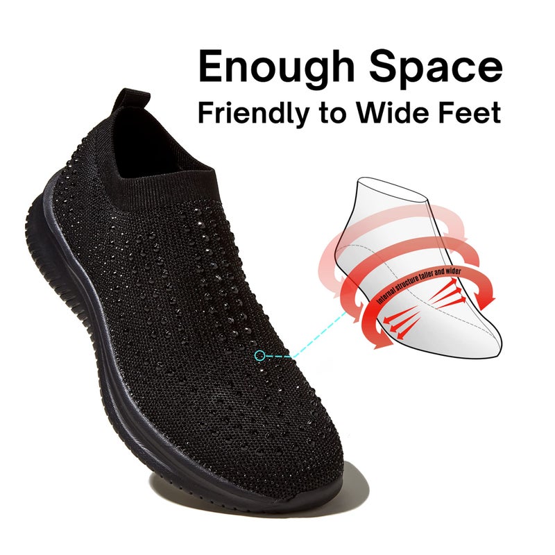 BELOS Women's Rhinestone Slip On Walking Shoes Breathable Mesh Knit Sock Shoes Fashion Comfortable Sparkly Sneaker(Black,9) - Image 5