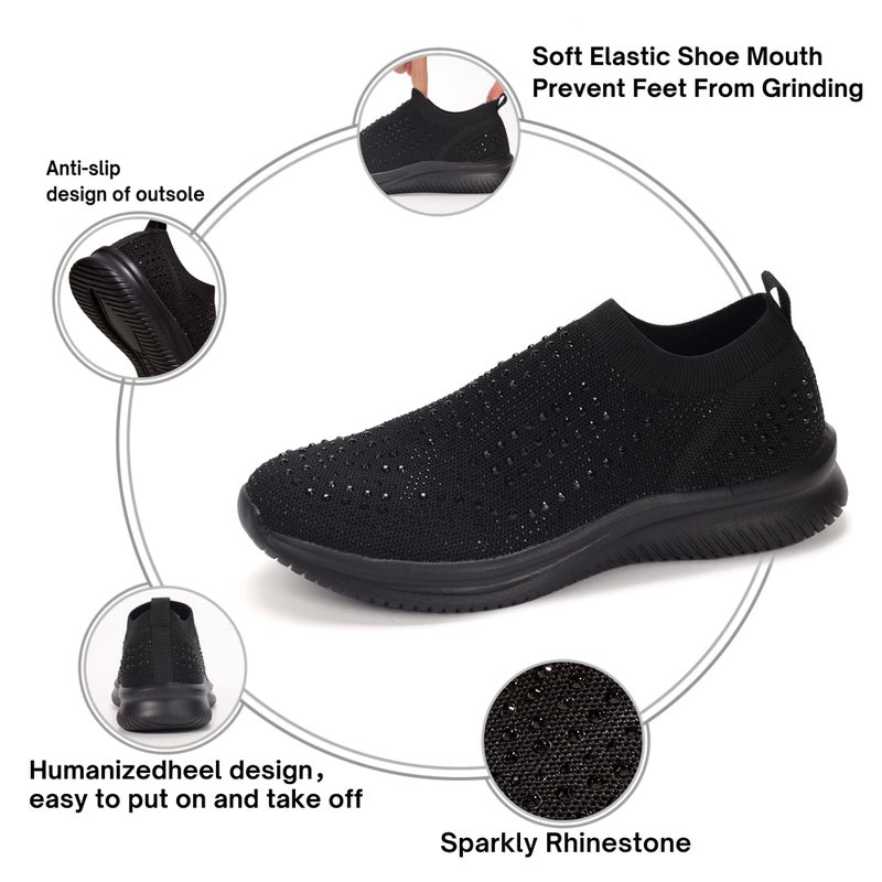 BELOS Women's Rhinestone Slip On Walking Shoes Breathable Mesh Knit Sock Shoes Fashion Comfortable Sparkly Sneaker(Black,9) - Image 4
