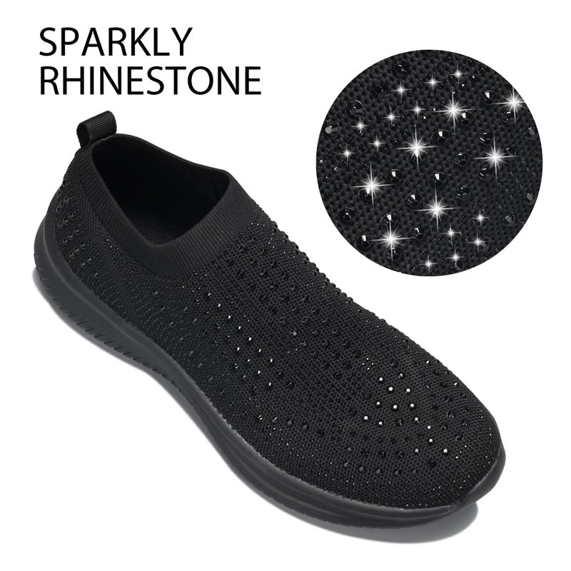 BELOS Women's Rhinestone Slip On Walking Shoes Breathable Mesh Knit Sock Shoes Fashion Comfortable Sparkly Sneaker(Black,9) - Image 3