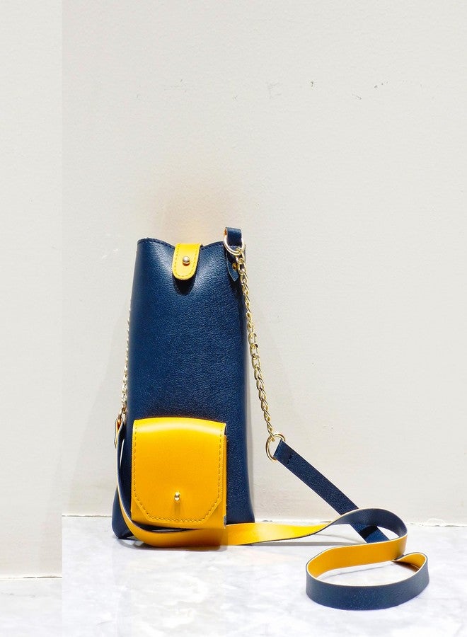 IMARS Trendy Vegan Leather Sling Mobile Bag - Blue & Yellow Crossbody Pouch with Earbuds Compartment & Golden Chain Strap - Image 2