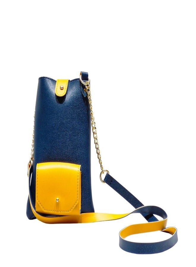 IMARS Trendy Vegan Leather Sling Mobile Bag - Blue & Yellow Crossbody Pouch with Earbuds Compartment & Golden Chain Strap - Image 1