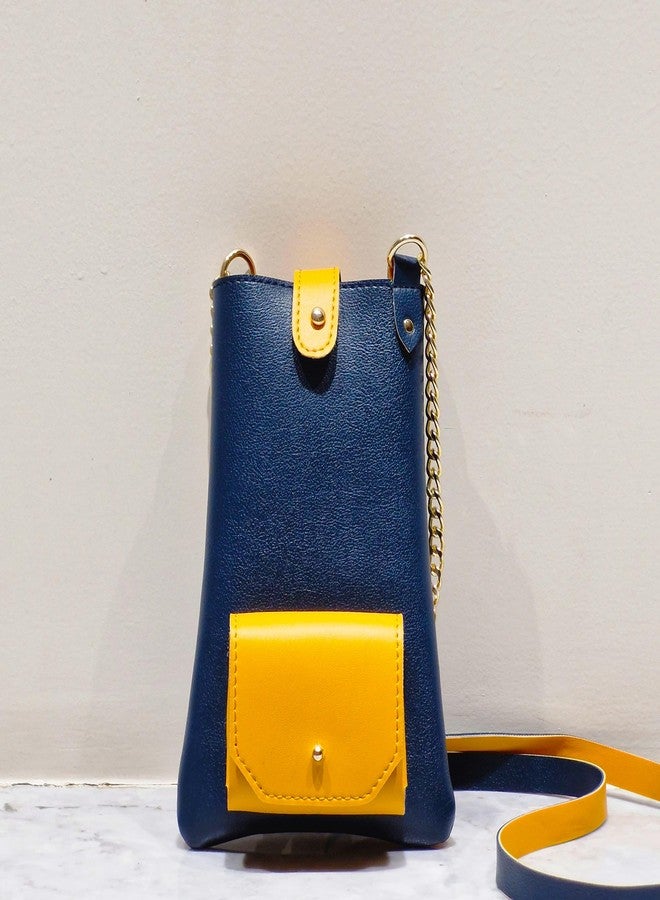 IMARS Trendy Vegan Leather Sling Mobile Bag - Blue & Yellow Crossbody Pouch with Earbuds Compartment & Golden Chain Strap - Image 4