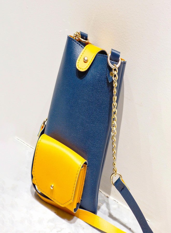IMARS Trendy Vegan Leather Sling Mobile Bag - Blue & Yellow Crossbody Pouch with Earbuds Compartment & Golden Chain Strap - Image 3