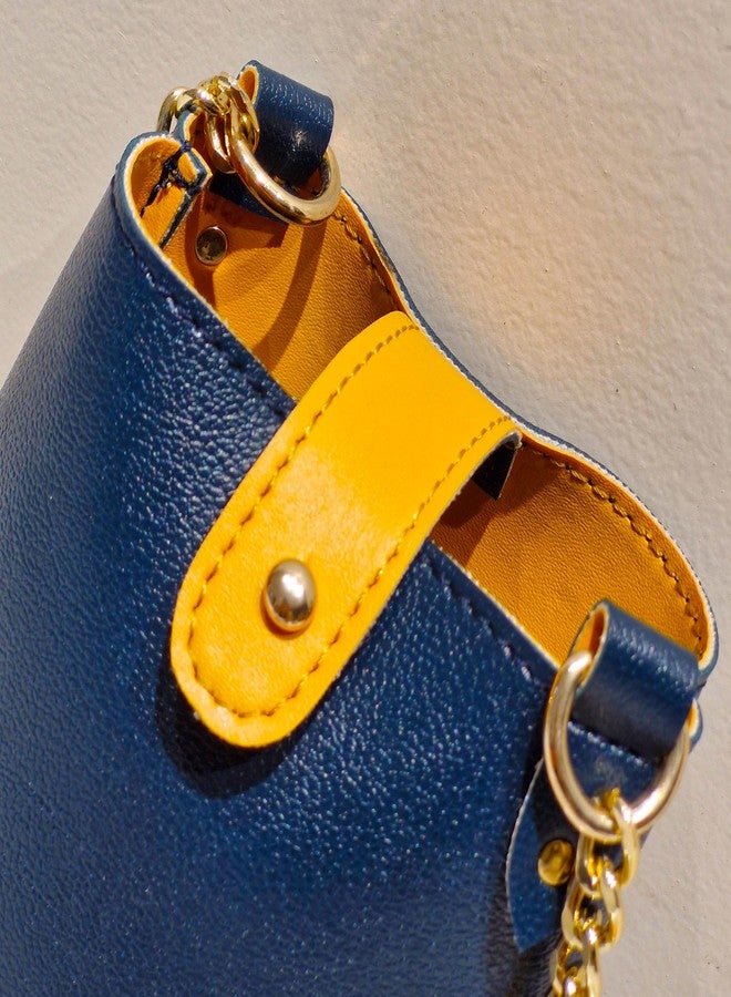 IMARS Trendy Vegan Leather Sling Mobile Bag - Blue & Yellow Crossbody Pouch with Earbuds Compartment & Golden Chain Strap - Image 5