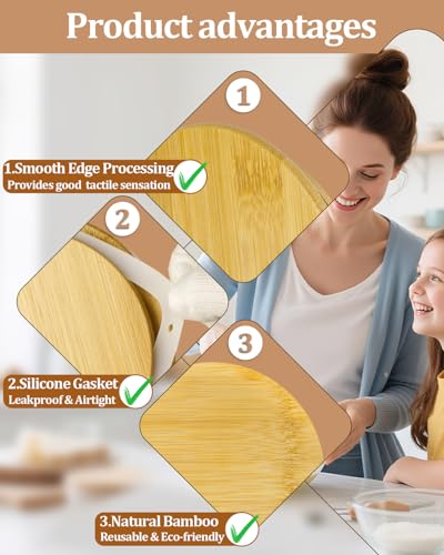 TERESRY Replacement Wooden Lids for Pyrex, Anchor Hocking Glass Containers 7200 * 2, Bamboo Lids for Pyrex 2Cup Glass Bowls, Bowl Covers with Leakproof Silicone Gasket 2 Pack - Image 2